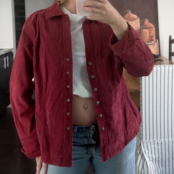 dressbarn Jackets & Blazers - Vintage Maroon Suede Silver Snap Front Suede Jacket